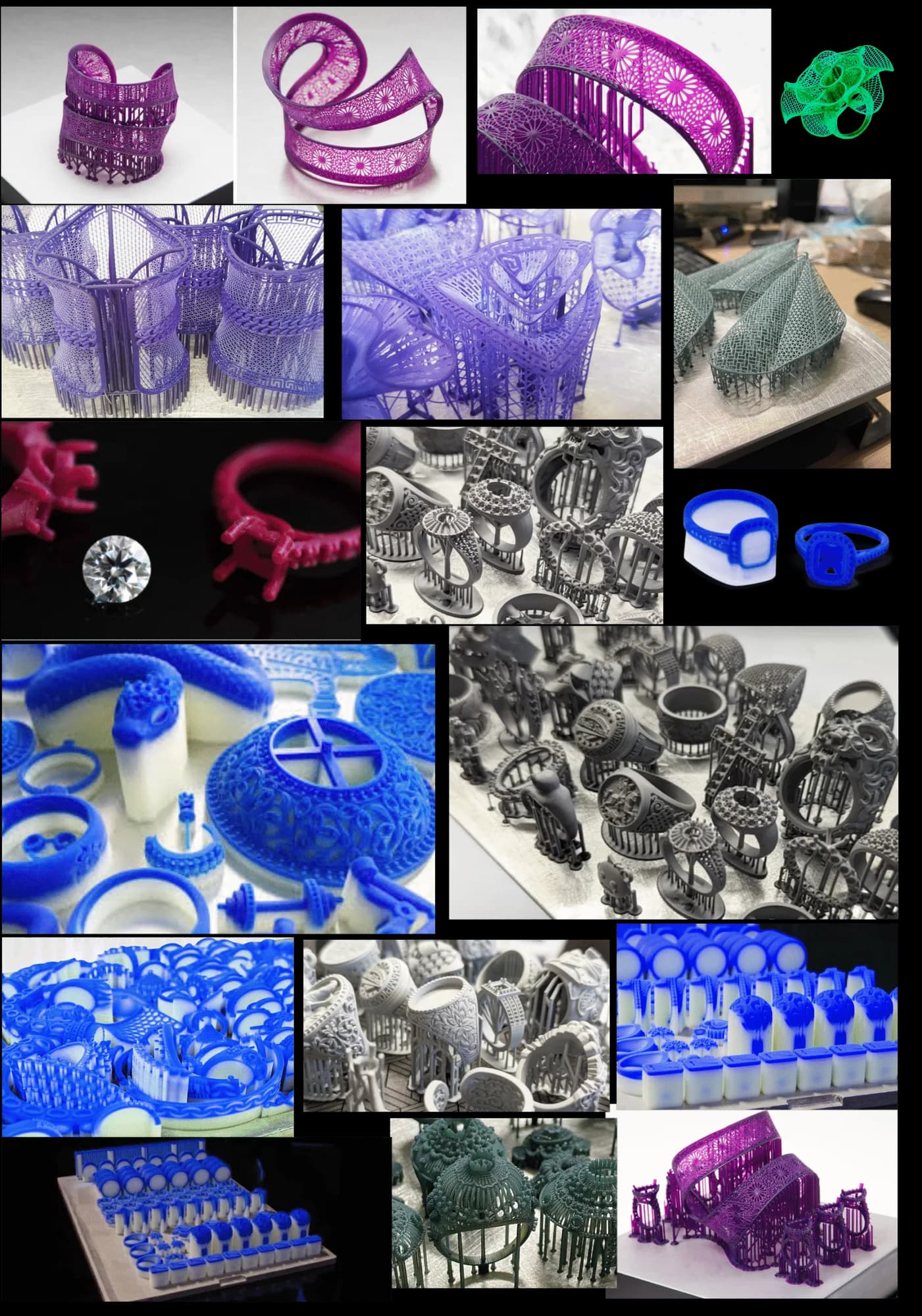 Collage of 3D-printed jewellery pieces in multiple colours: purple cuff bracelets with lattice patterns, blue rings, silver metallic pieces and green geometric accessories