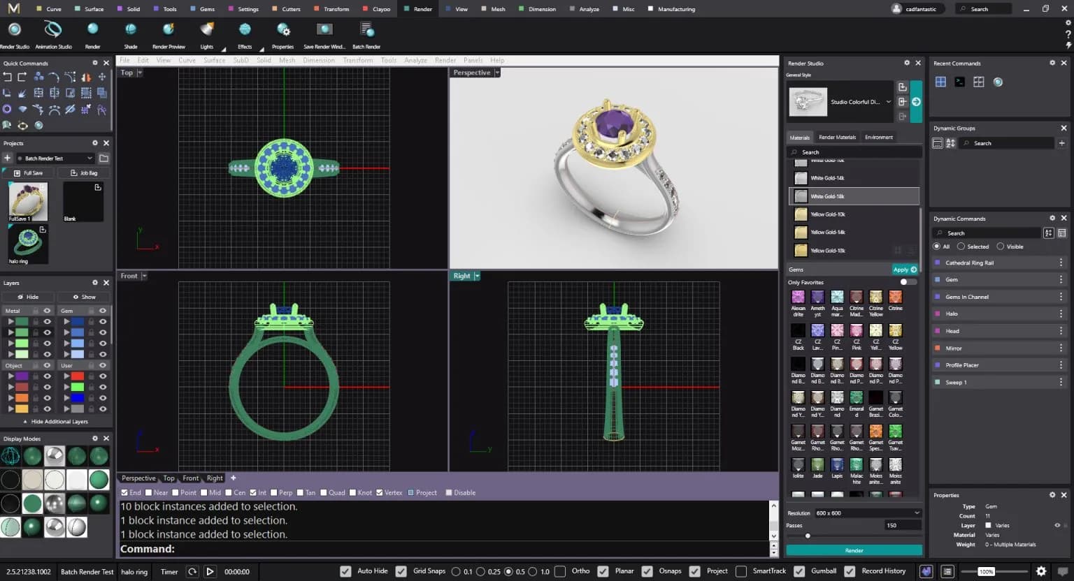 MatrixGold CAD software showing a ring design workflow with 3D wireframe views and a photorealistic preview of a ruby halo ring with diamond accents