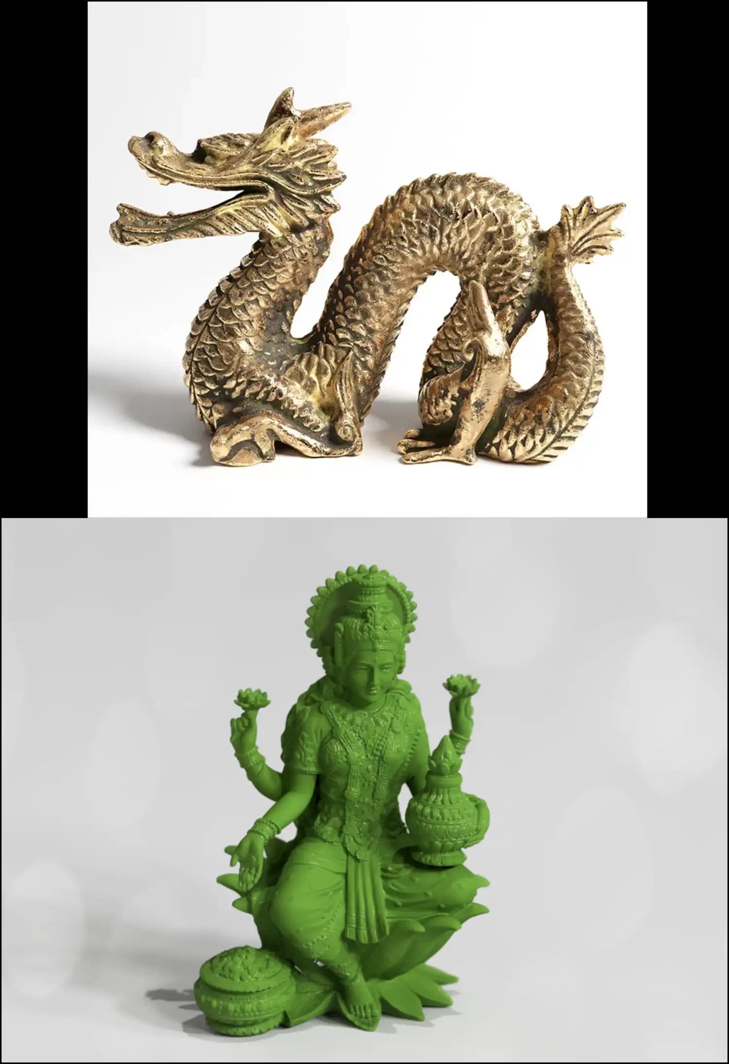 Photorealistic product renders of detailed sculptural pieces: a golden dragon with fine scale detail and an ornamented figurine